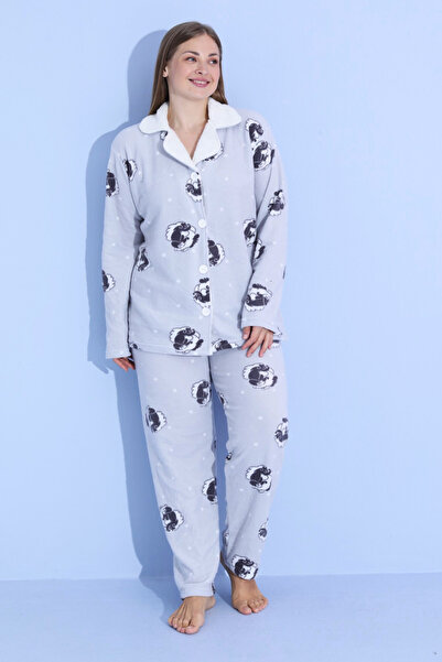 bigiyin Plus Size Buttoned Fleece Pajama Set Plus Size Winter Women's Pajama Set