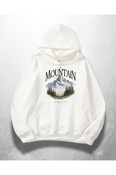 Gofeel Hanorac alb unisex Mountain cu imprimeu supradimensionat Swea tricou