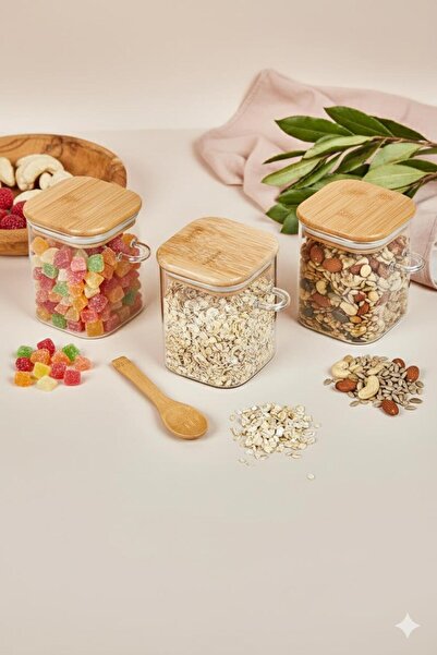 Depa 3 lü Kaşıklı Cam Kavanoz Seti Baharatlık Saklama Kavanozu 450 ml