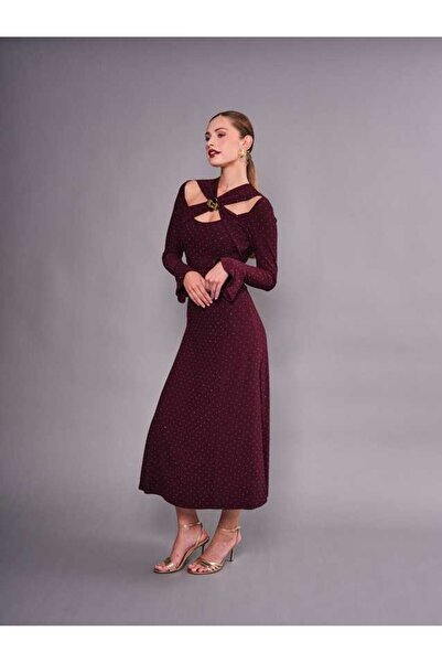 SERPİL Dekolte Detaylı Uzun Kollu Midi Şık Kadın Elbise 51077
