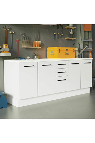 Tdesigno Vant Mutfak 4 Kapaklı-3 Çekmeceli Alt Modül -200 cm - Çok Amaçlı Dolap -Beyaz-Tezgah Dahil
