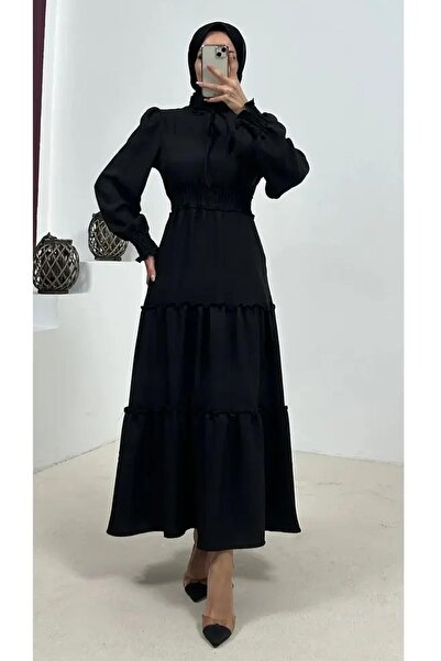 Tesettür Diyarı Bel Kısmı Gipeli Keten Tesettür Elbise- Siyah