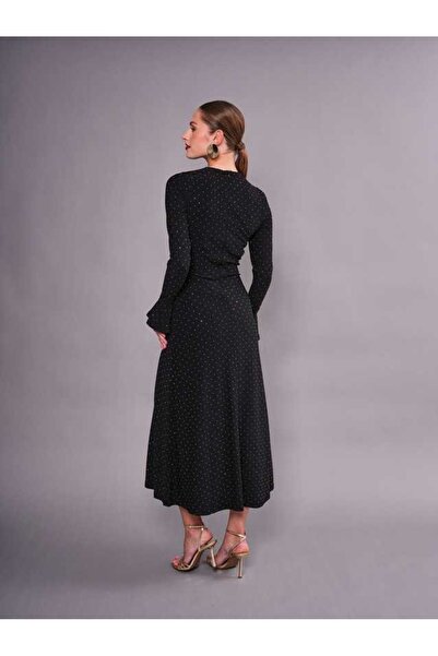 SERPİL Dekolte Detaylı Uzun Kollu Midi Şık Kadın Elbise 51077
