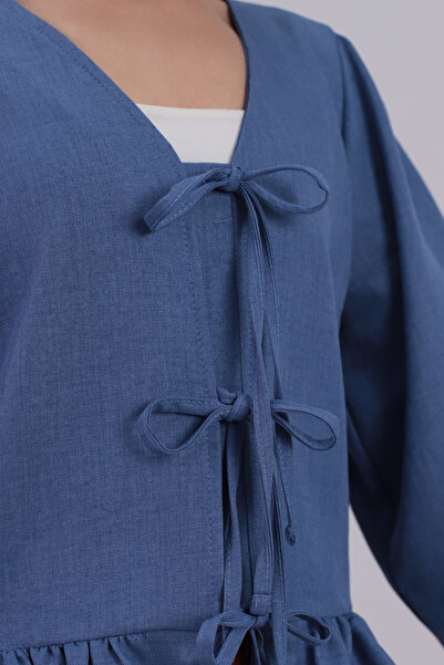 armonika Bluză pentru femei, albastru închis, cu șireturi în față, cu volane la capătul fustei, mâneci elastice ARM-26K001019