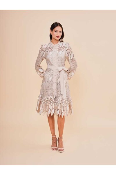 SERPİL Dantel Detaylı Kuşaklı Kısa Şık Kadın Elbise 51076