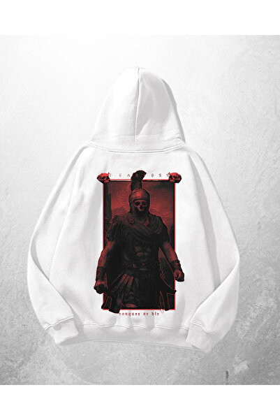 Gofeel سويت شيرت بقلنسوة كبير الحجم مطبوع عليه Centurion باللون الأبيض للجنسين