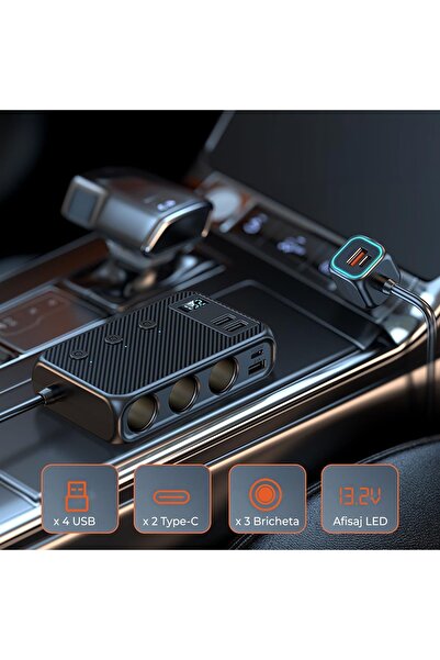 Timebox adaptor priză, multiplicator încărcător auto 9 în 1 171W, 3 x priză auto, 4 x USB, Q,C 3.0, 2 x USB-C, vo