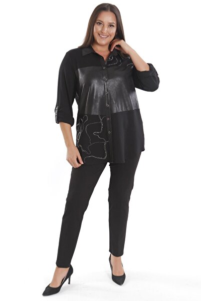Metpoint Cămașă neagră Trend42plus cu imprimeu cu piatră și garnitură din piele