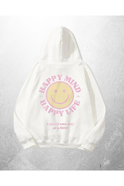 Gofeel Hanorac alb unisex Happy Mind Happy Life cu imprimeu supradimensionat ...