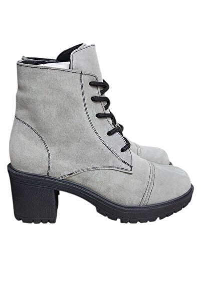 TUFAN SHOES Gri Hakiki Süet Bağcık Detay Yandan Fermuarlı Kalın Topuk Bot