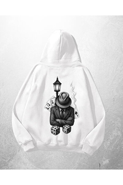 Gofeel Λευκό Unisex Gambler με τύπωμα oversized Φούτερ με κουκούλα