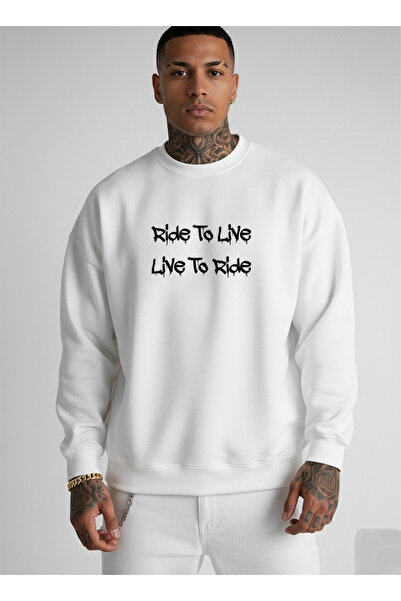 LORVEX Swea tricou RIDE TO LIVE imprimat, unisex, supradimensionat, cu gât ro...