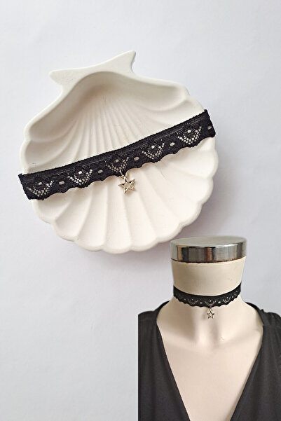 Neonx shop Kadın Güpürlü Siyah Yıldız Detaylı Choker Kolye, Dantel Tasma Koly...