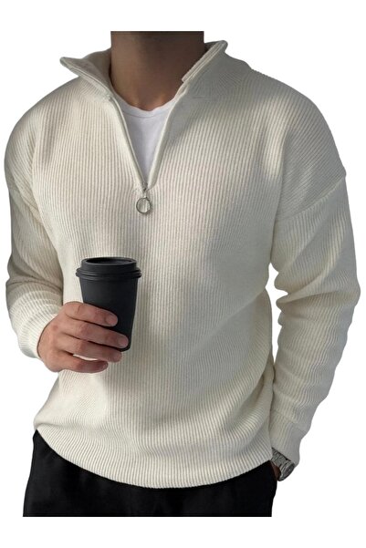 EMKA GİYİM Men's Zippered Oversized Fisherman Knit Sweater