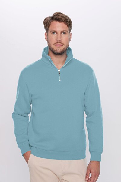 Tudors Унисекс, свободна кройка, удобна кройка, подплатена с памук, полу-цип, светлосиня, с висока яка, суитшърт