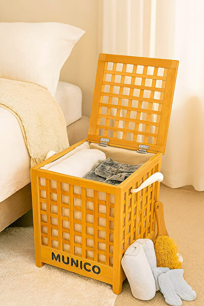 Munico Büyük Boy Ahşap Bambu Kirli Sepeti – 45x45x62 cm, Kapaklı ve Kumaş Tor...