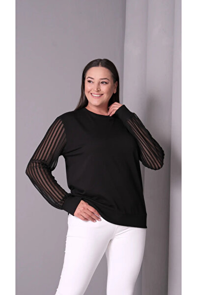 Seviliko Kadın Büyük Beden Şerit Detaylı Transparan Kollu Viskon Sweatshirt