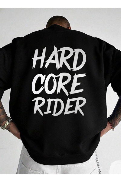 LORVEX Swea negru unisex oversize cu gât rotund tricou HARD CORE imprimat