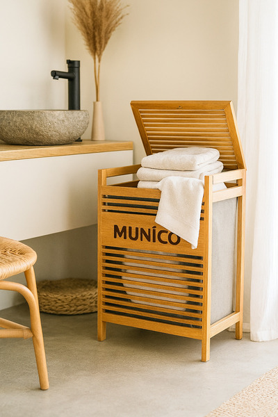 Munico Ahşap Bambu Kirli Sepeti – 40x35x60 cm, Çıkarılabilir İç Torbalı Banyo...