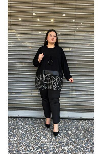 selma Büyük Beden Geometrik Detaylı Kolye Hediyeli Bluz