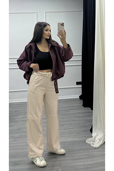 Daves Beige Leather Trousers with Elastic Waistband Detail