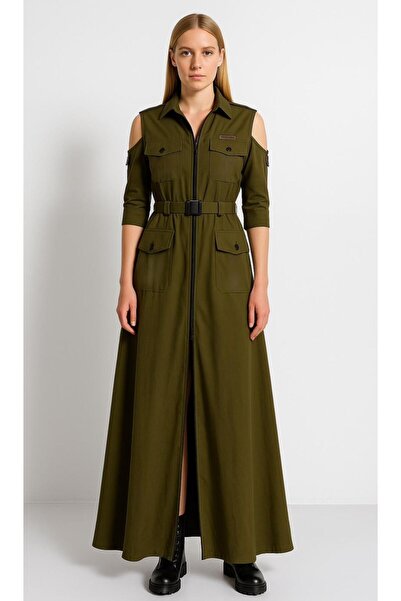 UNTIMELY Utility & Military Detaylı Haki Renk Maxi Boy Tasarım Elbise