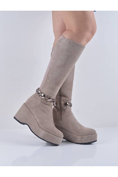 Şanslı Ayakkabıcılık Mink Suede Buckle Wedge Heel Boots
