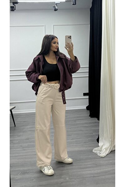Daves Beige Leather Trousers with Elastic Waistband Detail