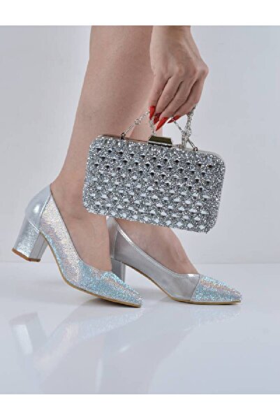 Şanslı Ayakkabıcılık Silver Mesh Stone Short Heeled Evening Dress Shoes Bag Set