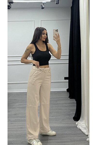 Daves Beige Leather Trousers with Elastic Waistband Detail