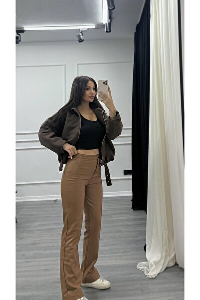 Daves Καφέ ψηλόμεσο ελαστικό δερμάτινο παντελόνι καμπάνα