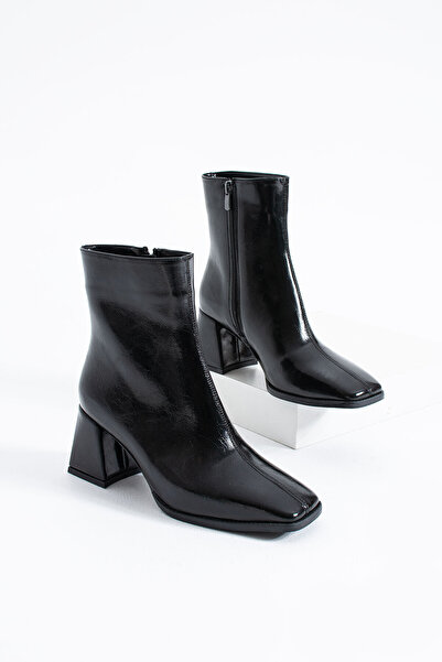 Siena Shoes Totti Kadın Fermuarlı Günlük Topuklu Bot Siyah Rugan