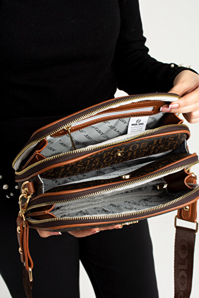 WEST POLO CÜZDAN Women's Brown Tan Waterproof Printed Patterned 5 Compartment Messenger Shoulder Bag Try3502