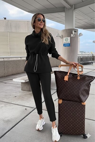 ALPACO Set din două piese pentru femei, cu mâneci lungi, cu gât roșu și elastic în talie, bluză și pantaloni din modal