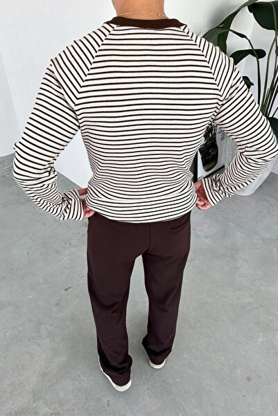 HAFKAGİYİM Brown Premium Striped Buttoned Collar Long Sleeve T-Shirt