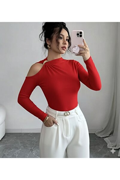 REELMODA Women's Stylish Scuba Crepe Bluse with Circular Neckline, Shoulder Cut-Outs and Accessories