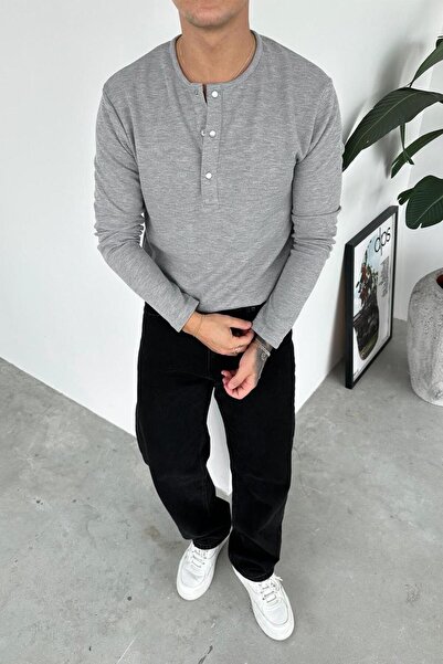 HAFKAGİYİM Γκρι μπλουζάκι με μακρυμάνικο γιακά με κουμπιά πλεκτό βάφλα