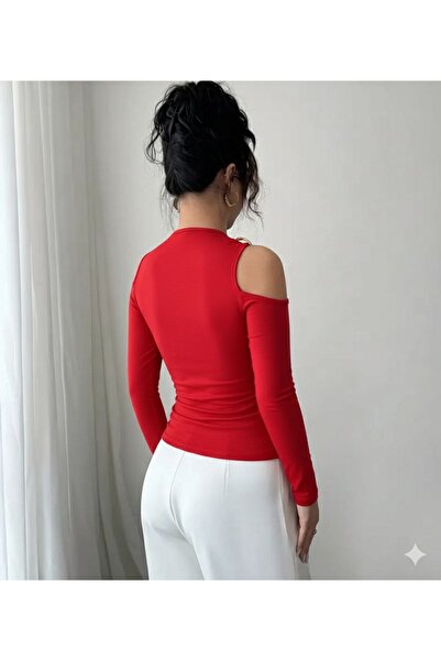 REELMODA Women's Stylish Scuba Crepe Bluse with Circular Neckline, Shoulder Cut-Outs and Accessories