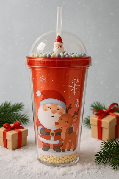 BiTon Toptan Santa Claus & New Year 2026 Themed Straw Water Bottle 450 ml Double Layer Mica Water Bottle 2768-A