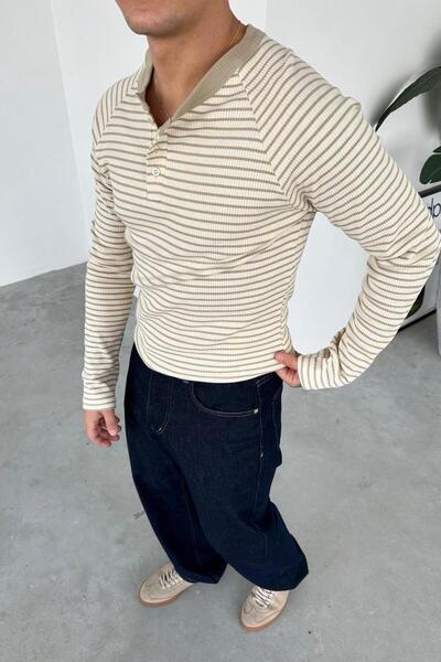 HAFKAGİYİM Μπεζ μπλουζάκι με ριγέ κουμπιά με μακρυμάνικο γιακά