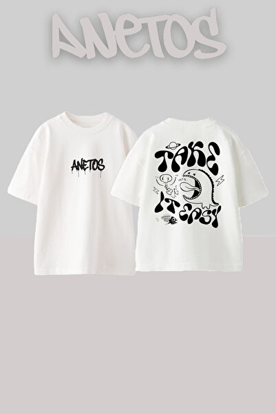 Anetos Take Dino Design Rucsac cu imprimeu Bumbac Alb supradimensionat tricou