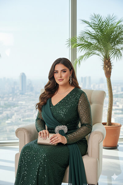 Robes V Yaka Büyük Beden Balık Model Uzun Abiye - Tül Omuz Detaylı Davet Elbisesi