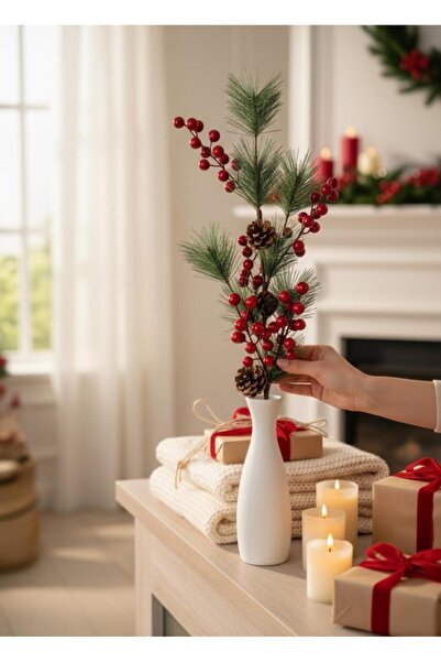 Nettenevime Yapay Çiçek Kokina ve Çam Dalı Uzun Dal Kozalaklı 75cm Yılbaşı Çi...