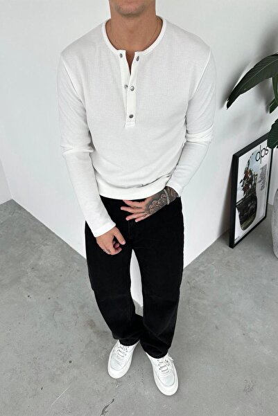 HAFKAGİYİM Λευκό μπλουζάκι με μακρυμάνικο γιακά με κουμπιά πλεκτό βάφλα