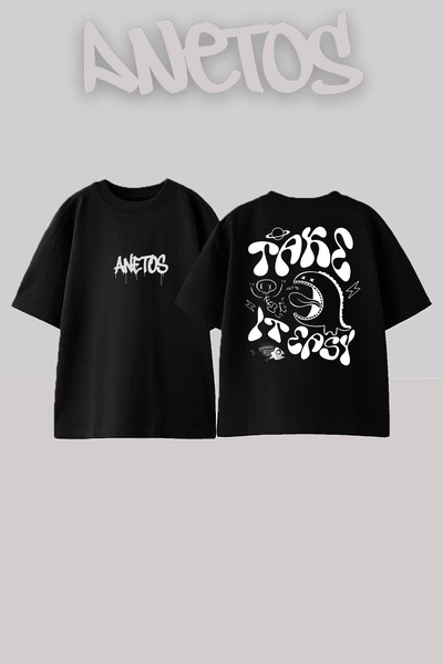 Anetos Take Dino Design Rucsac cu imprimeu Bumbac Negru supradimensionat tricou