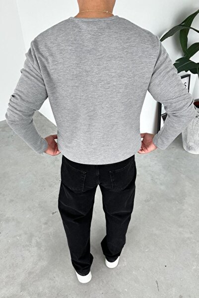 HAFKAGİYİM Gray Premium Knitted Waffle Buttoned Collar Long Sleeve T-Shirt