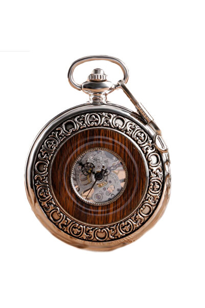 Gorben Ceas de buzunar cu lanț metalic, inserție din lemn, schelet, mecanic vintage, maro, argintiu
