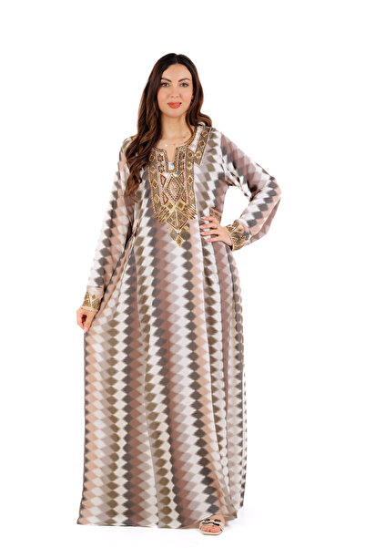amaan Women's Luxury Embroidered Jalabiya Dress, Long Sleeve Traditional Arabic Dress, Geometric Pattern.