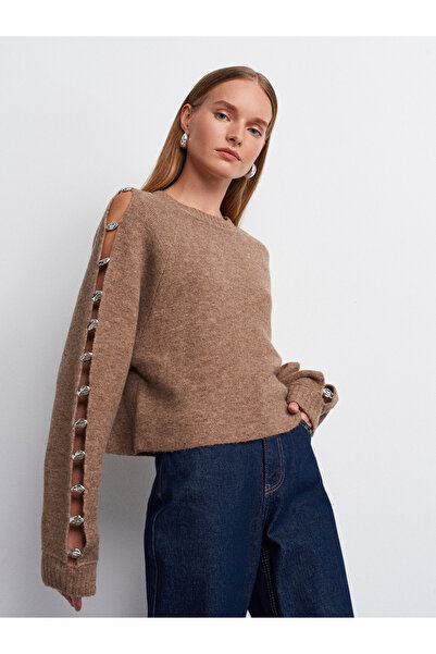 Dilvin 10810 Wool Blend Accessory Detailed Knitwear Sweater-Mink