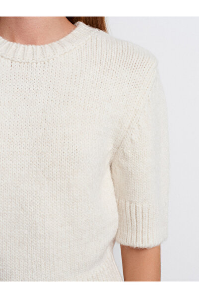 Dilvin 10821 Crew Neck Short Sleeve Knitwear Sweater-Ecru